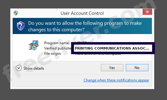 Screenshot where PRINTING COMMUNICATIONS ASSOC., INC. appears as the verified publisher in the UAC dialog